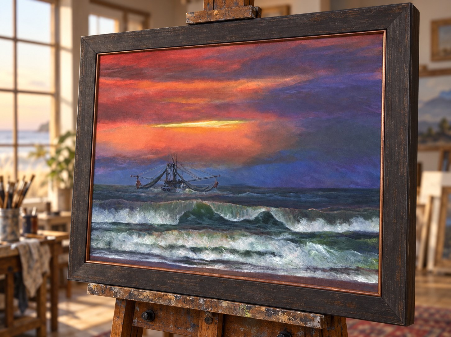Fiery coastal sunset with working boat