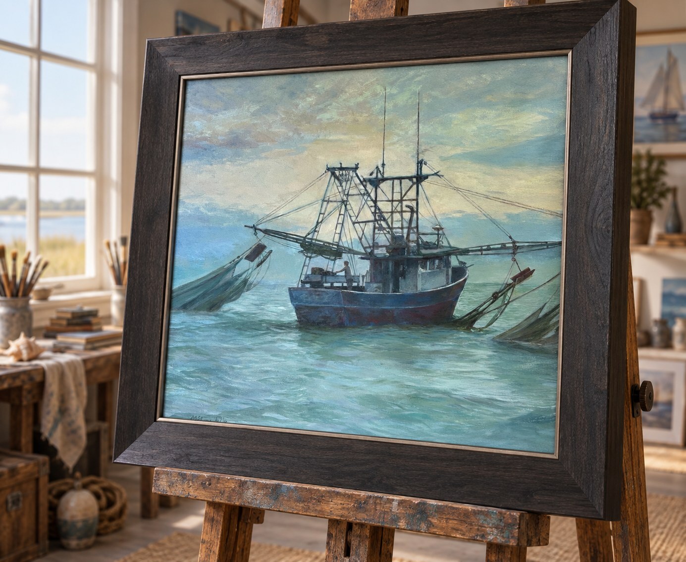 Shrimp boat at work on blue water