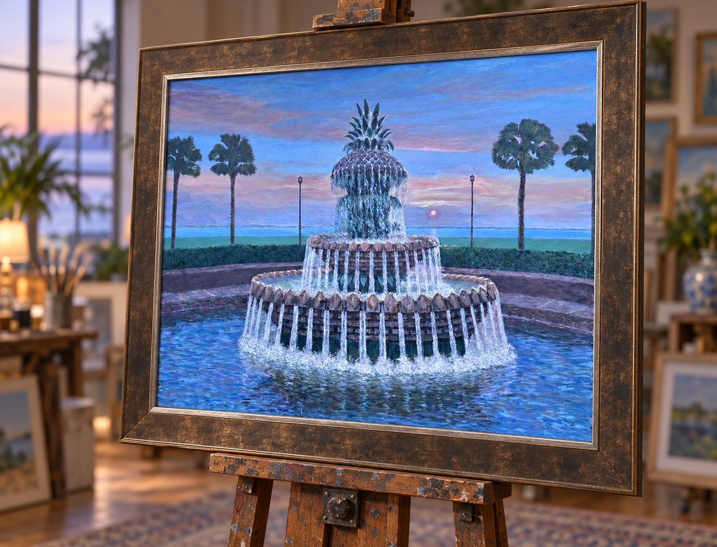 Charleston Pineapple Fountain at twilight