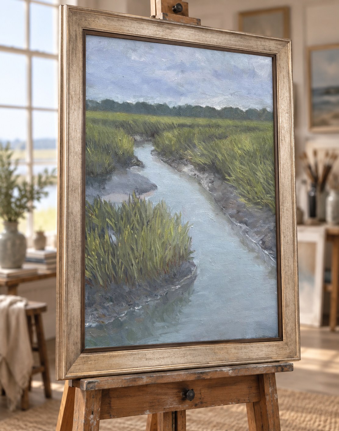 Winding creek through a green marsh