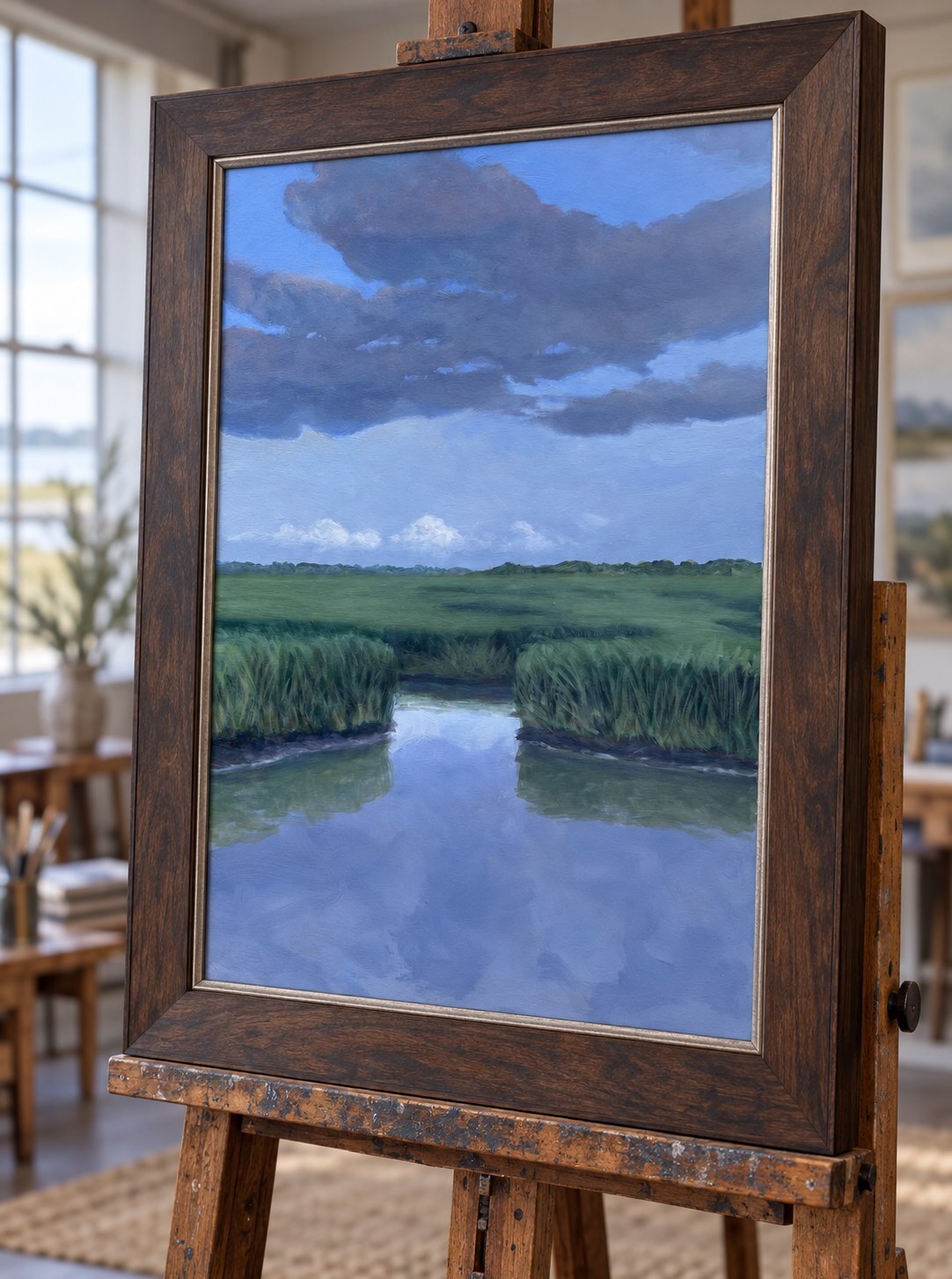 Blue marsh water beneath a dramatic sky