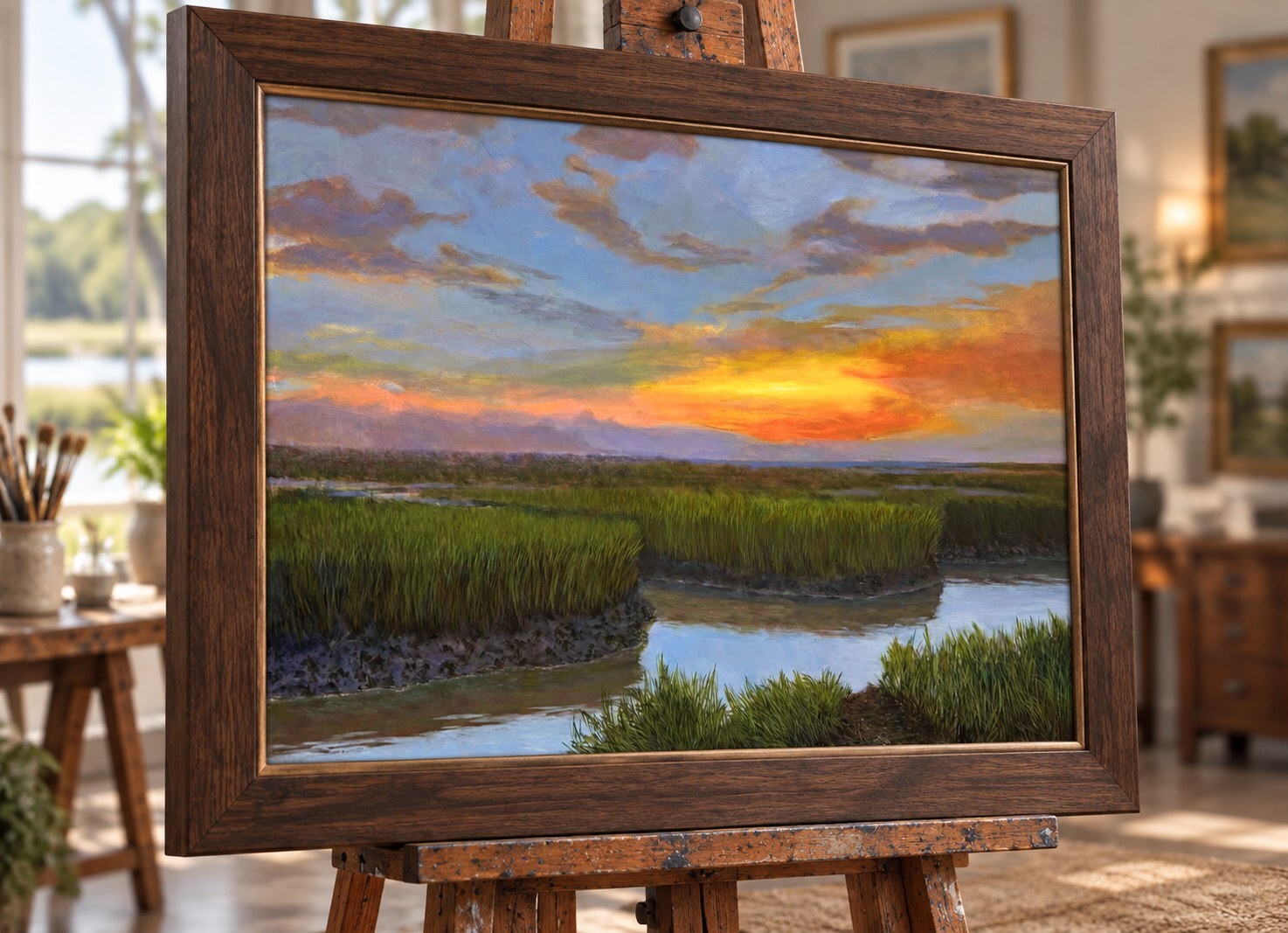 Golden sunset over a winding marsh creek