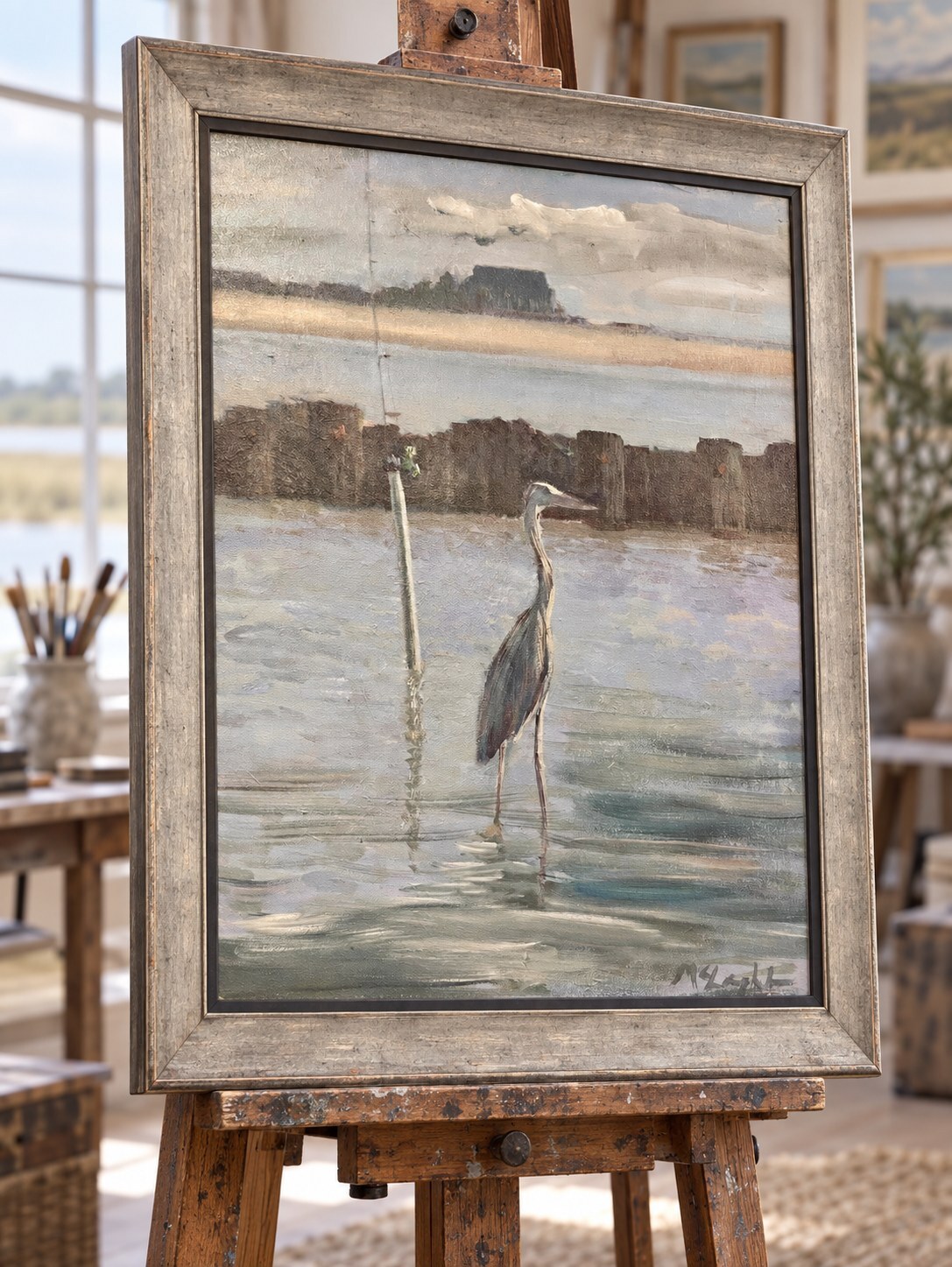 Great blue heron standing in coastal shallows