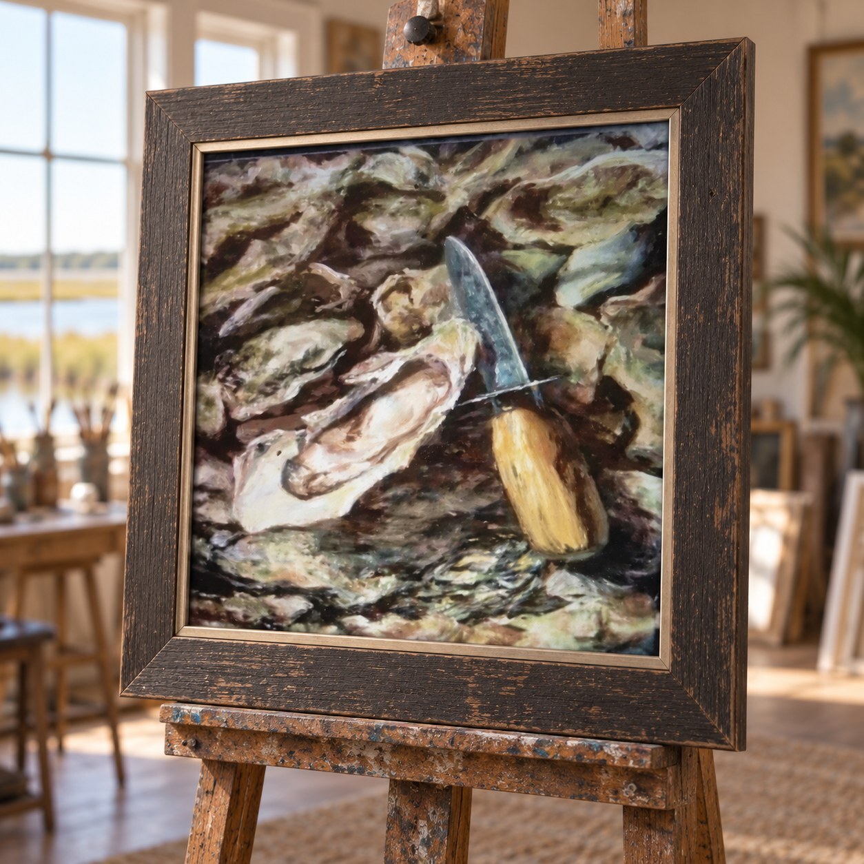 Oyster still life in a dark wooden frame