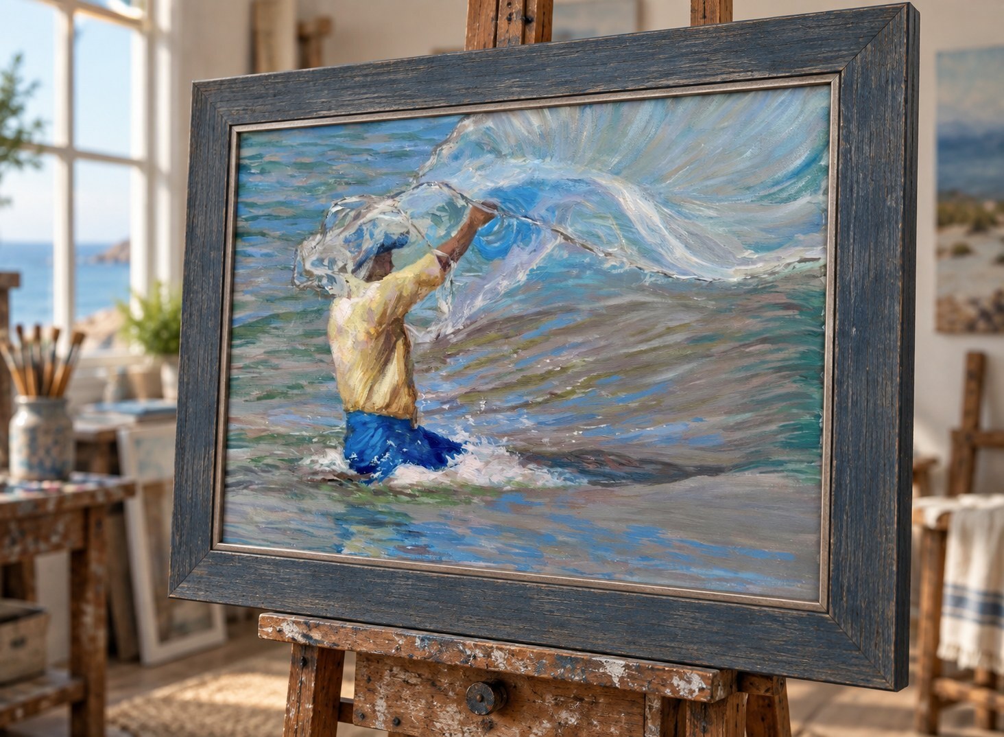 Fisherman casting a net from shallow water