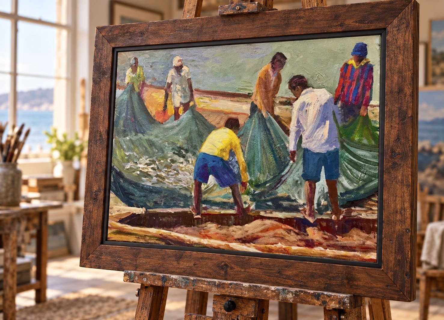 Group hauling a fishing net on shore