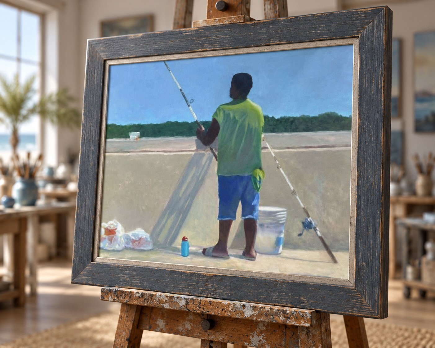 Fisherman standing at a coastal pier