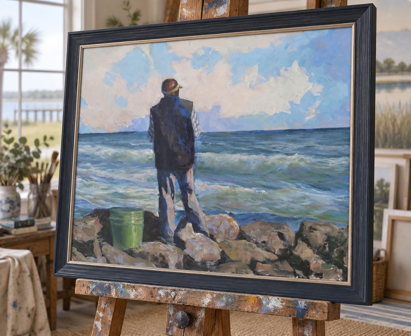 Man watching waves from a rocky shoreline