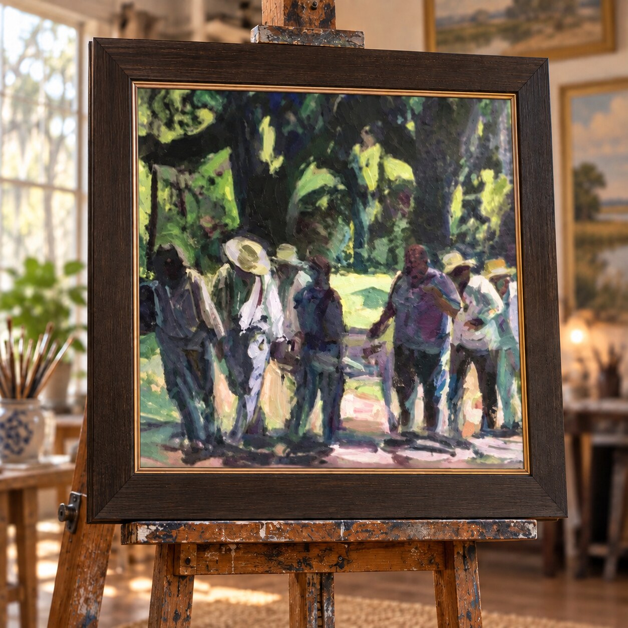 Figures walking beneath live oaks