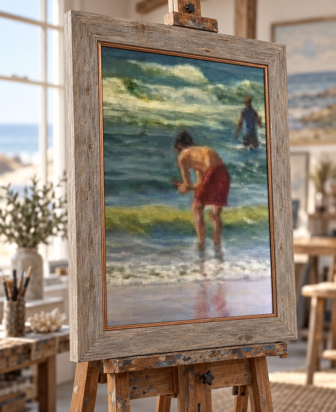 Figure bending at the ocean's edge