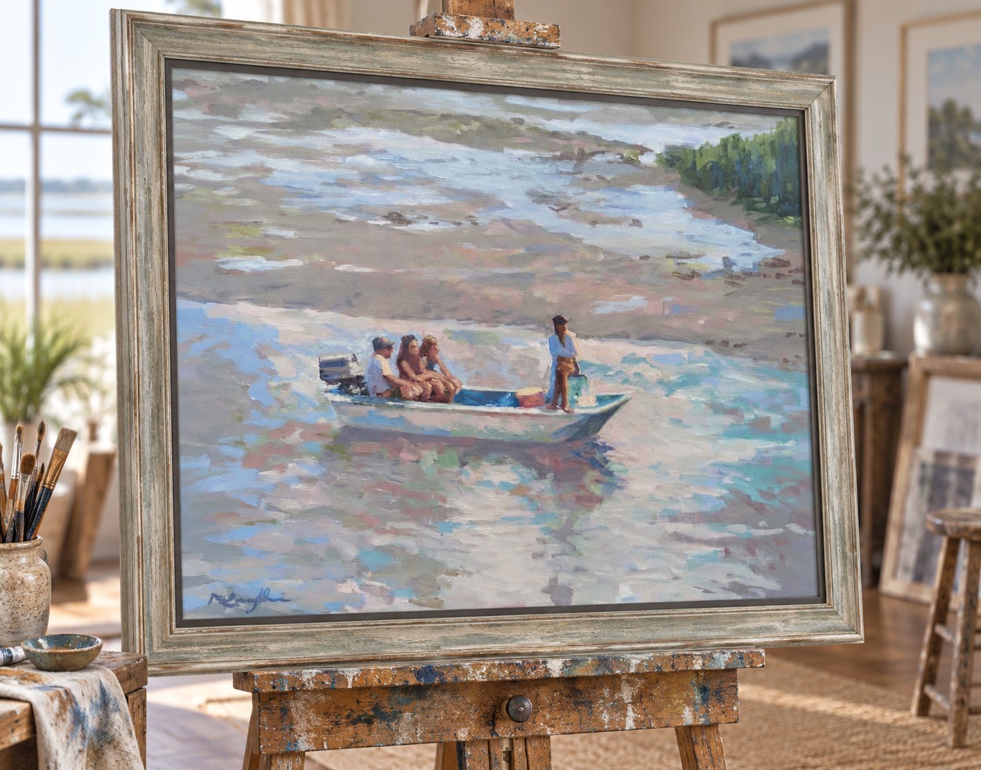 Small boat and figures in pale coastal water