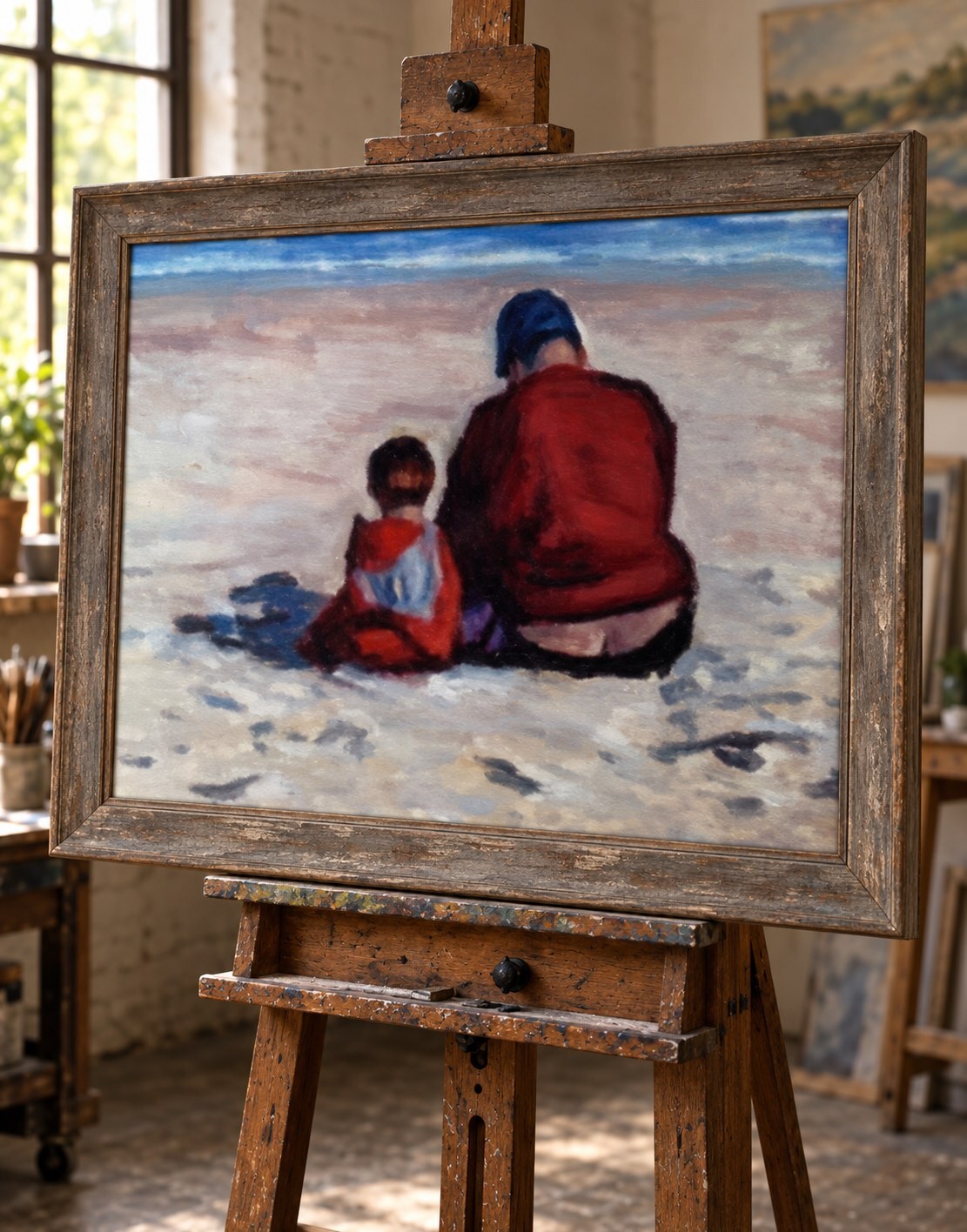 Father and child seated at the shore