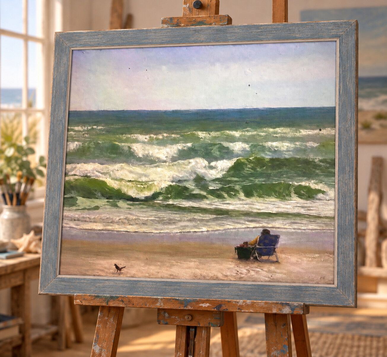 Seated figure and shorebird beside rolling ocean waves