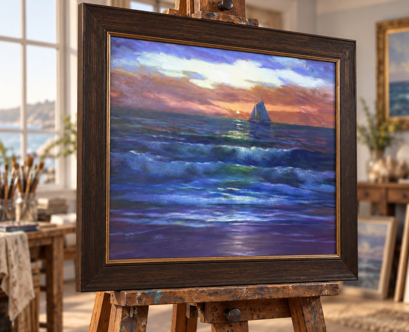 Sunset sailboat on deep blue water
