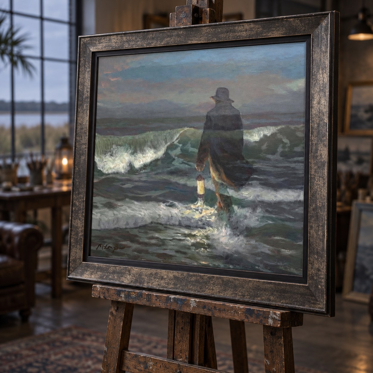 The Gray Man walking into a stormy sea