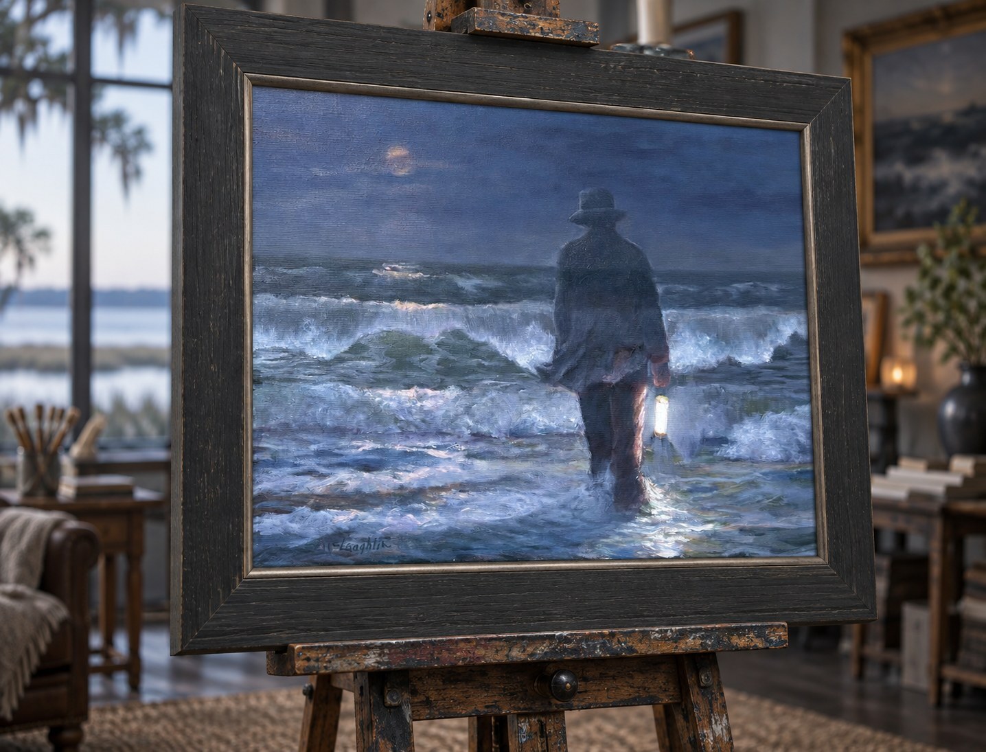 The Gray Man carrying a lantern at the shore